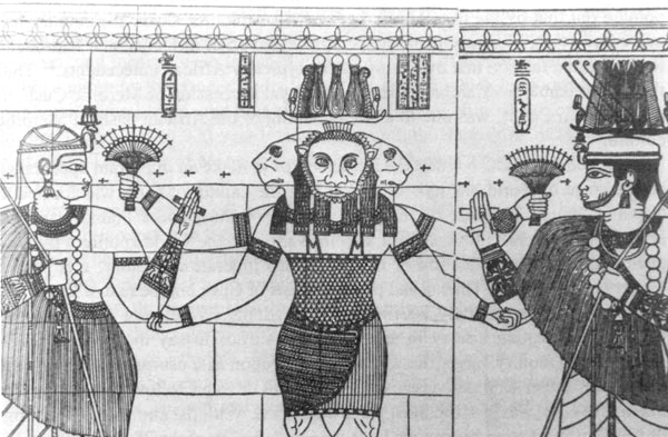 This illustration is from an important Meroe carving of Apademak and the King and Queen of Meroe.