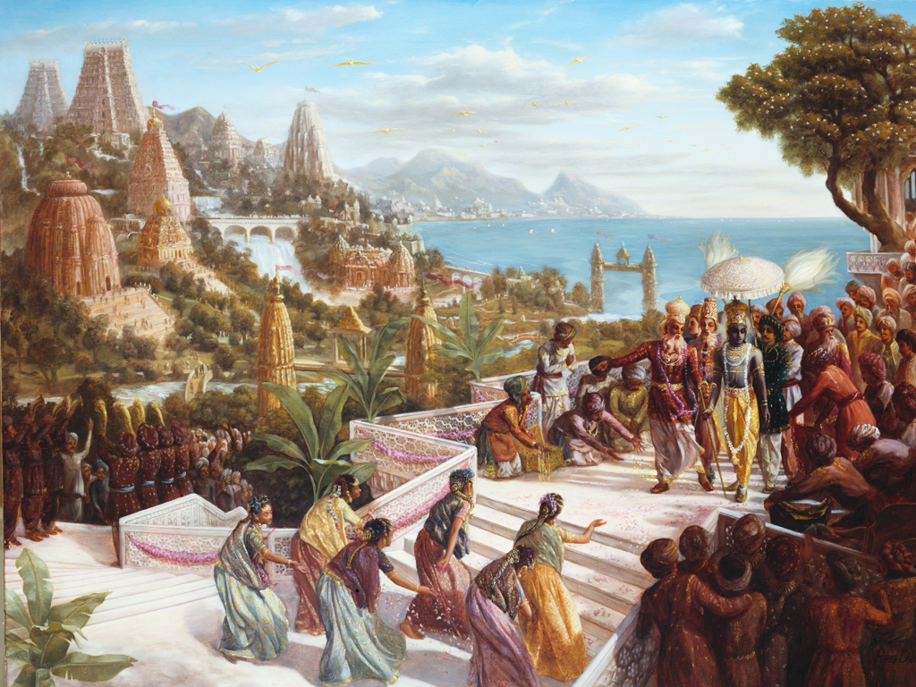 Krishna arriving in His city of Dvaraka